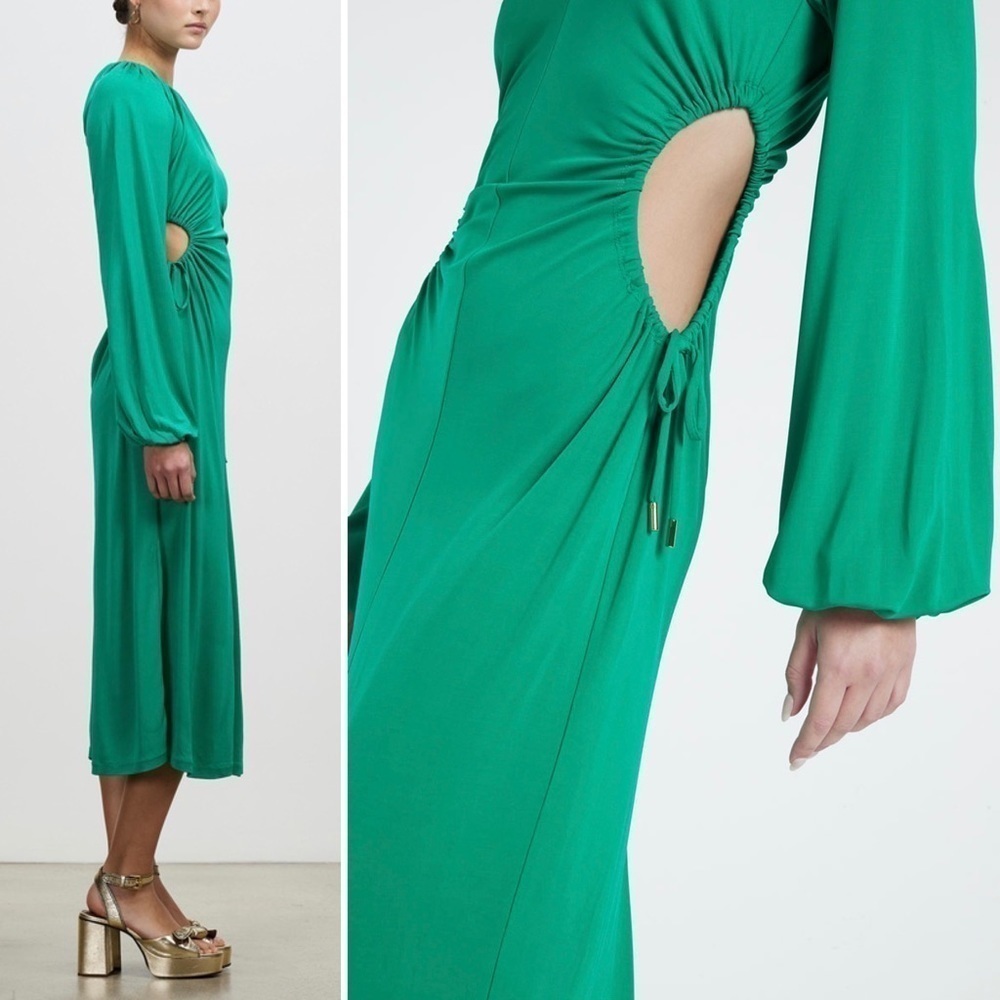 REBECCA VALLANCE 70s Ruched Tie Waist Cutout Long Bell Sleeve Disco Midi Dress 8 - Picture 5 of 15